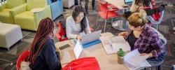 several students sitting at a table studying together